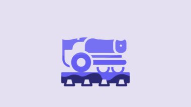 Blue Vintage locomotive icon isolated on purple background. Steam locomotive. 4K Video motion graphic animation.
