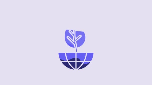 Globo Azul Tierra Icono Hoja Aislado Sobre Fondo Púrpura Signo — Vídeo de stock