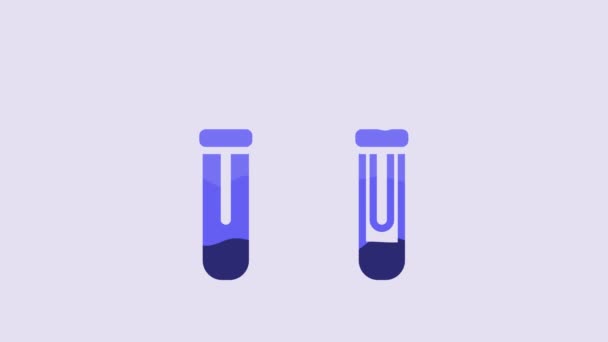 蓝色试管和烧瓶化学实验室测试图标隔离在紫色背景下 流体输送系统 实验室玻璃器皿标志 4K视频运动图形动画 — 图库视频影像
