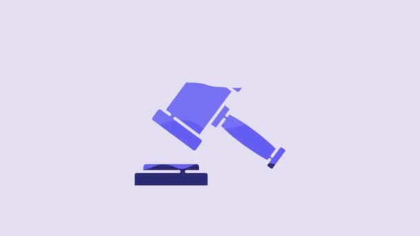 蓝色法官Gavel图标孤立在紫色背景 加维尔负责判决判决和法案 拍卖锤 4K视频运动图形动画 — 图库视频影像