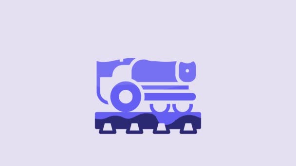 青のヴィンテージ機関車のアイコンは 紫色の背景に隔離された 蒸気機関車 4Kビデオモーショングラフィックアニメーション — ストック動画