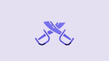 Blue Crossed pirate swords icon isolated on purple background. Sabre sign. 4K Video motion graphic animation.