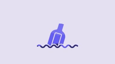 Blue Glass bottle with a message in water icon isolated on purple background. Letter in the bottle. Pirates symbol. 4K Video motion graphic animation.