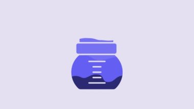 Blue Baby bottle icon isolated on purple background. Feeding bottle icon. Milk bottle sign. 4K Video motion graphic animation.