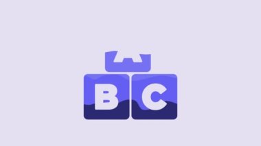 Blue ABC blocks icon isolated on purple background. Alphabet cubes with letters A,B,C. 4K Video motion graphic animation.