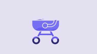 Blue Baby stroller icon isolated on purple background. Baby carriage, buggy, pram, stroller, wheel. 4K Video motion graphic animation.