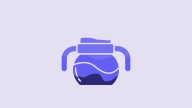 Blue Baby bottle icon isolated on purple background. Feeding bottle icon. Milk bottle sign. 4K Video motion graphic animation.