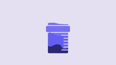 Blue Baby bottle icon isolated on purple background. Feeding bottle icon. Milk bottle sign. 4K Video motion graphic animation.