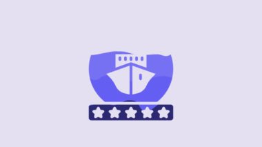 Blue Cruise ship icon isolated on purple background. Travel tourism nautical transport. Voyage passenger ship, cruise liner. Worldwide cruise. 4K Video motion graphic animation.