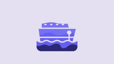 Blue Cruise ship icon isolated on purple background. Travel tourism nautical transport. Voyage passenger ship, cruise liner. Worldwide cruise. 4K Video motion graphic animation.