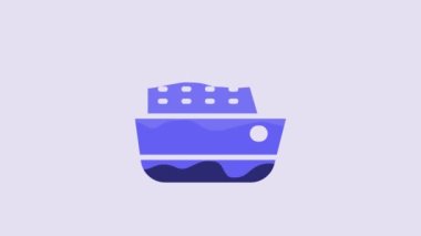 Blue Cruise ship icon isolated on purple background. Travel tourism nautical transport. Voyage passenger ship, cruise liner. Worldwide cruise. 4K Video motion graphic animation.