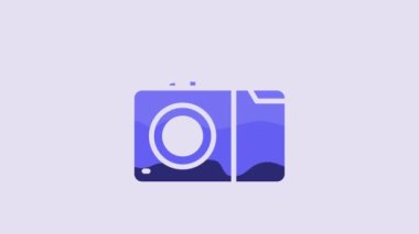 Blue Photo camera icon isolated on purple background. Foto camera icon. 4K Video motion graphic animation.