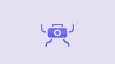 Blue Drone flying icon isolated on purple background. Quadrocopter with video and photo camera symbol. 4K Video motion graphic animation.