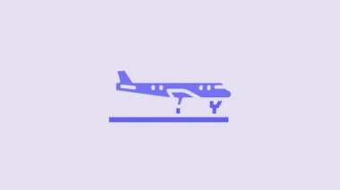 Blue Plane icon isolated on purple background. Flying airplane icon. Airliner sign. 4K Video motion graphic animation.