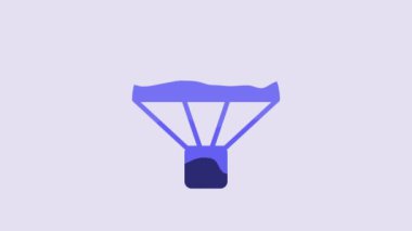 Blue Box flying on parachute icon isolated on purple background. Parcel with parachute for shipping. Delivery service, air shipping. 4K Video motion graphic animation.