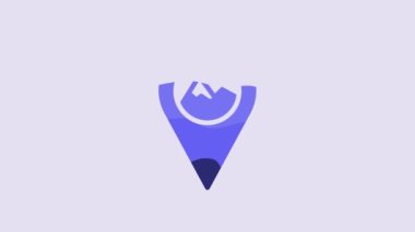 Blue Map pointer with mountain icon isolated on purple background. Mountains travel icon. 4K Video motion graphic animation.