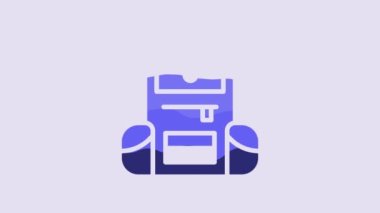 Blue Hiking backpack icon isolated on purple background. Camping and mountain exploring backpack. 4K Video motion graphic animation.