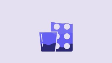 Blue Pills in blister pack icon isolated on purple background. Medical drug package for tablet, vitamin, antibiotic, aspirin. 4K Video motion graphic animation.