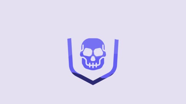 蓝色盾牌与海盗头骨图标隔离在紫色背景 4K视频运动图形动画 — 图库视频影像