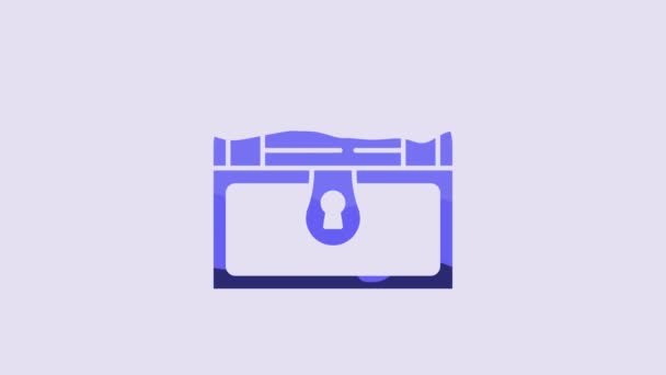 紫の背景に隔離されたブルーアンティーク宝箱アイコン 黄金のコインとヴィンテージ木製の胸 4Kビデオモーショングラフィックアニメーション — ストック動画