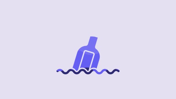 紫色の背景に隔離された水のアイコンのメッセージが付いたブルーグラスボトル 瓶の中の手紙 海賊のシンボル 4Kビデオモーショングラフィックアニメーション — ストック動画
