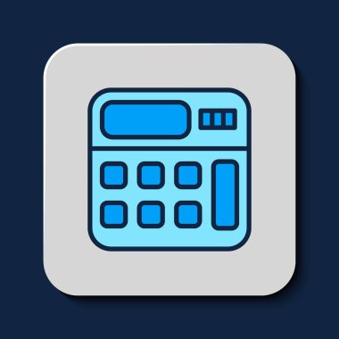 Doldurulmuş ana hat Hesaplayıcı simgesi mavi arkaplanda izole edildi. Muhasebe sembolü. İş hesaplamaları matematik eğitimi ve finans. Vektör