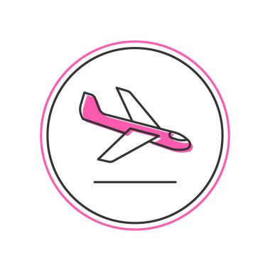 Ana hatları doldurulmuş düzlem iniş simgesi beyaz arkaplanda izole edildi. Uçak taşıma sembolü. Vektör