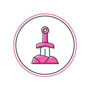 Beyaz arkaplanda izole edilmiş taş ikonundaki ana hatlı kılıç. Taştaki kılıç Excalibur, Arthur efsanelerinden. Vektör