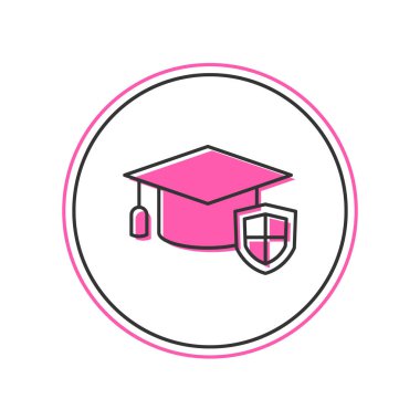 Beyaz arka planda izole edilmiş kalkan simgesiyle ana hatları doldurulmuş mezuniyet şapkası. Sigorta konsepti. Güvenlik, güvenlik, koruma, konsept koruma. Vektör