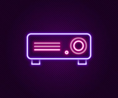 Parlak neon hattı sunumu, film, film, medya projektörü simgesi siyah arkaplanda izole edildi. Renkli taslak konsepti. Vektör