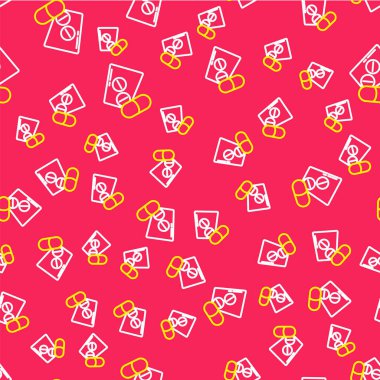 Hat ilacı veya tablet ikonu kırmızı arkaplanda izole edilmiş kusursuz desen. Kapsül hapı ve uyuşturucu işareti. Eczane tasarımı. Vektör