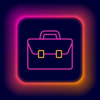 Parlayan neon hattı evrak çantası simgesi siyah arkaplanda izole edildi. İş ilanı. İş portföyü. Renkli taslak konsepti. Vektör