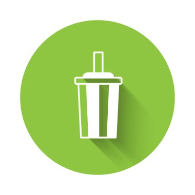 White Paper glass with drinking straw and water icon isolated with long shadow background. Soda drink glass. Fresh cold beverage symbol. Green circle button. Vector