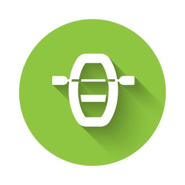 White Boat with oars icon isolated with long shadow background. Water sports, extreme sports, holiday, vacation, team building. Green circle button. Vector