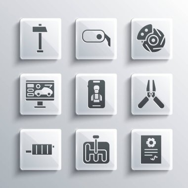 Set Gear shifter, Auto service check automotive, Car battery jumper power cable, Online car services, muffler, Diagnostics condition of, Hammer and brake disk with caliper icon. Vector