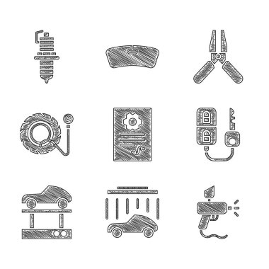 Set Auto service check automotive, Car wash, Paint spray gun, key with remote, Repair car on lift, Tire pressure gauge, battery jumper power cable and spark plug icon. Vector