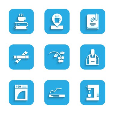 Set Coffee bean, branch, Cigarette, machine, Barista, paper filter, Sugar stick packets, book and cup and icon. Vector