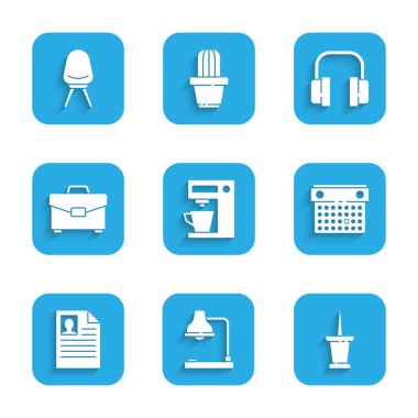 Set Coffee machine, Table lamp, Push pin, Calendar, Resume, Briefcase, Headphones and Office chair icon. Vector