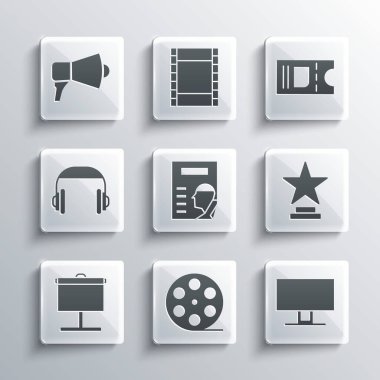 Set Film reel, Smart Tv, Movie trophy, Cinema poster, Projection screen, Headphones, Megaphone and ticket icon. Vector