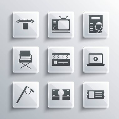 Set Stacks paper money cash, Cinema ticket, Online play video, Movie clapper, Microphone, Director movie chair, Limousine car and carpet and poster icon. Vector