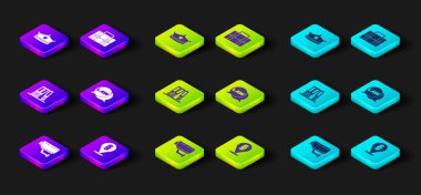 Set Security camera, Location law, Office folders, Law, Briefcase and Police cap with cockade icon. Vector