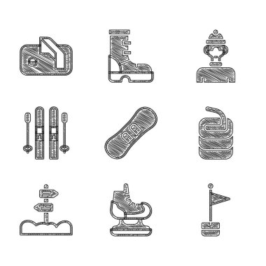 Set Snowboard, Skates, Location marker, Stone for curling, Road traffic signpost, Ski and sticks, Winter athlete and Ice hockey goal icon. Vector