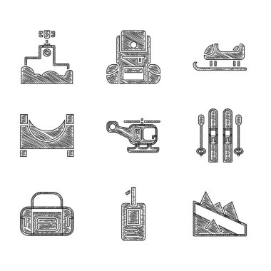 Set Rescue helicopter, Identification badge, Mountain descent, Ski and sticks, Sport bag, Skate park, Sled and Award winner podium icon. Vector