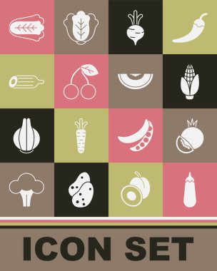 Set Eggplant, Tomato, Corn, Beet, Cherry, Fresh cucumber, Cabbage and Melon fruit icon. Vector
