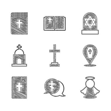 Set Grave with cross, Angel, Coffin, Holy bible book, Old crypt, star david and  icon. Vector