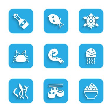 Set Octopus of tentacle, Sushi, Caviar, Jellyfish, Seaweed, Crab, Turtle and Soy sauce bottle icon. Vector