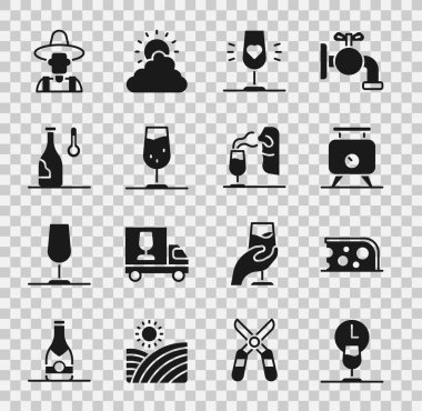 Set Wine time, Cheese, Fermentation of grapes, glass, temperature, Farmer the hat and Sommelier icon. Vector