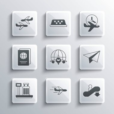 Set Plane, Escalator down, Paper airplane, Globe with flying, Scale suitcase, Passport,  and Flight time icon. Vector