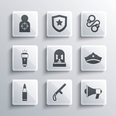 Set Police rubber baton, Megaphone, cap with cockade, Flasher siren, Bullet, Flashlight, Human target sport for shooting and Handcuffs icon. Vector