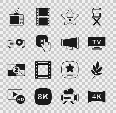 Set Screen tv with 4k, Movie trophy, Smart Tv, Walk of fame star, Online play video, Movie, film, media projector, Retro and Megaphone icon. Vector